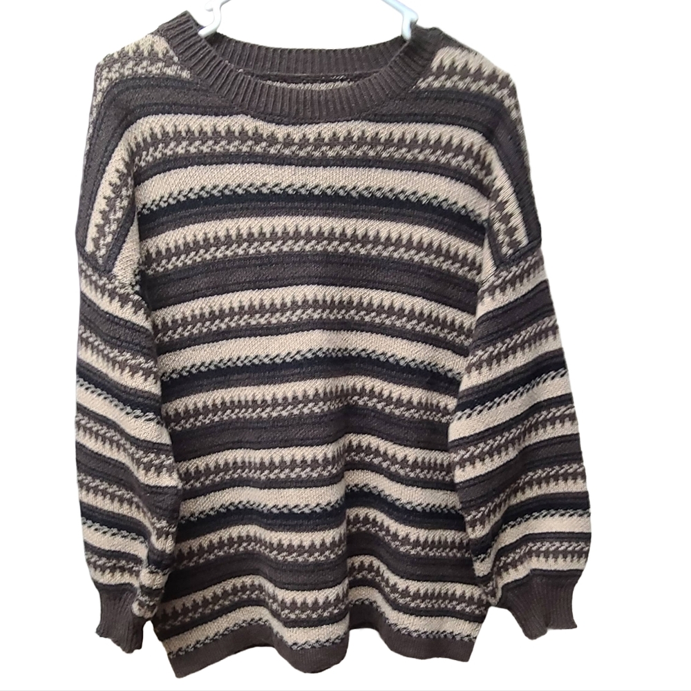 ROMWE Womens Brown and Cream Oversized Striped Knit Sweater Small Large.